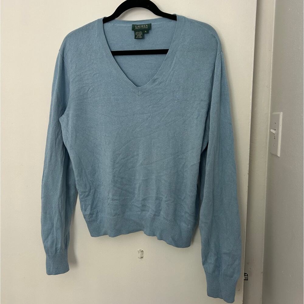 Ralph Lauren Crest Blue Silk/Cashmere V-Neck Sweater